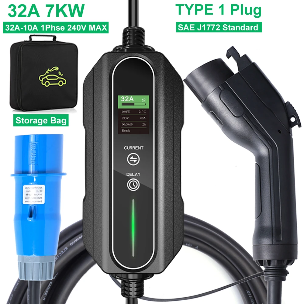 

32A Electric Car Charger J1772 Type 1 7KW Level 2 Single Phase EVSE Adjustable Current 5 Meters Home EV Charger for Vehicles