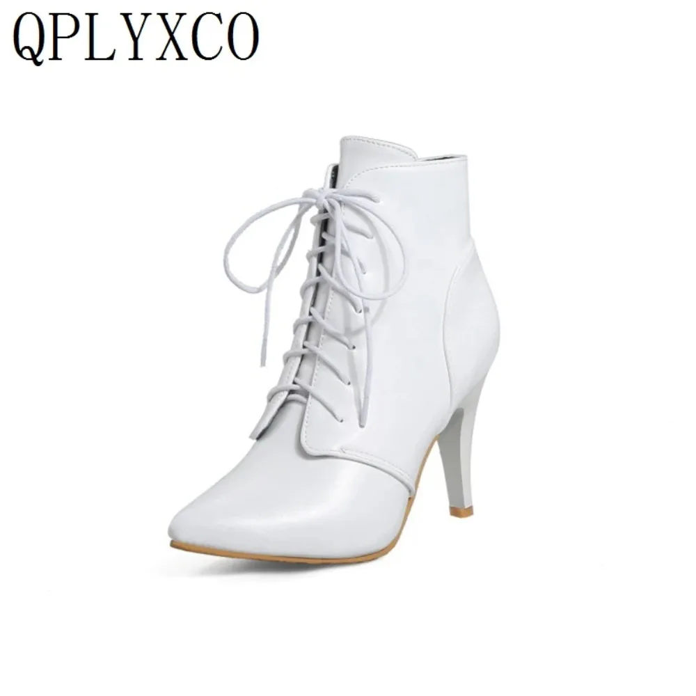 QPLYXCO Super Big Size 53 54 Ankle Boots for Women Spring Autumn Winter Pointed Toe High Heels Lace Up Party Wedding Bootie  A-1