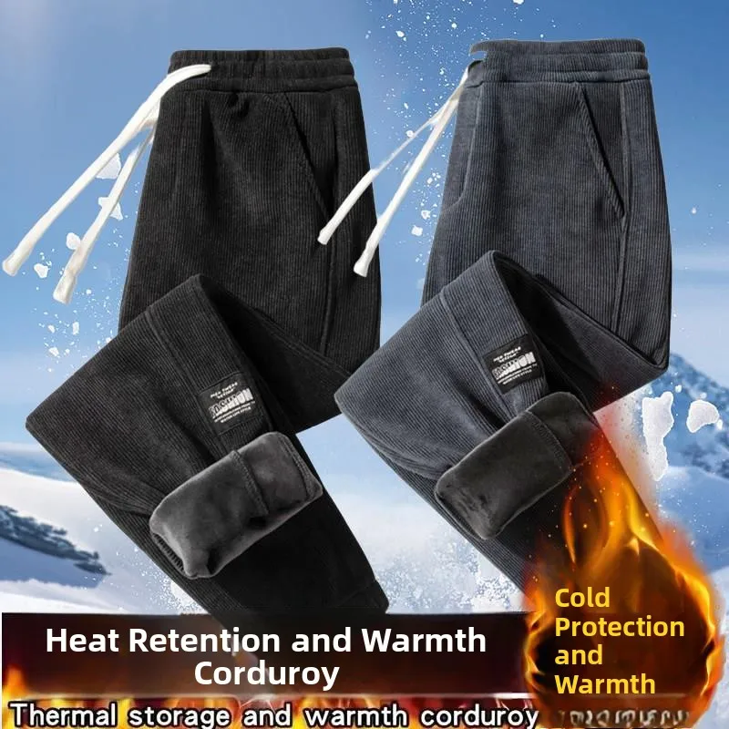Men's Workwear Pants Corduroy Elastic Waist Construction Site Warm Trousers Autumn Winter Fashion Casual Loose Fit Sweatpants