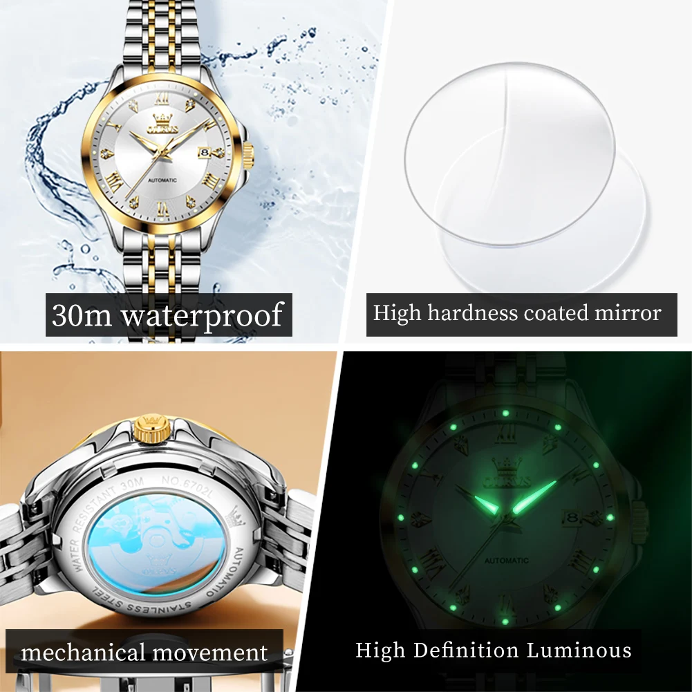 OLEVS Women's Watches Luxury Stainless Steel Original Automatic Mechanical Watch for Woman Waterproof Luminous Ladies Watches