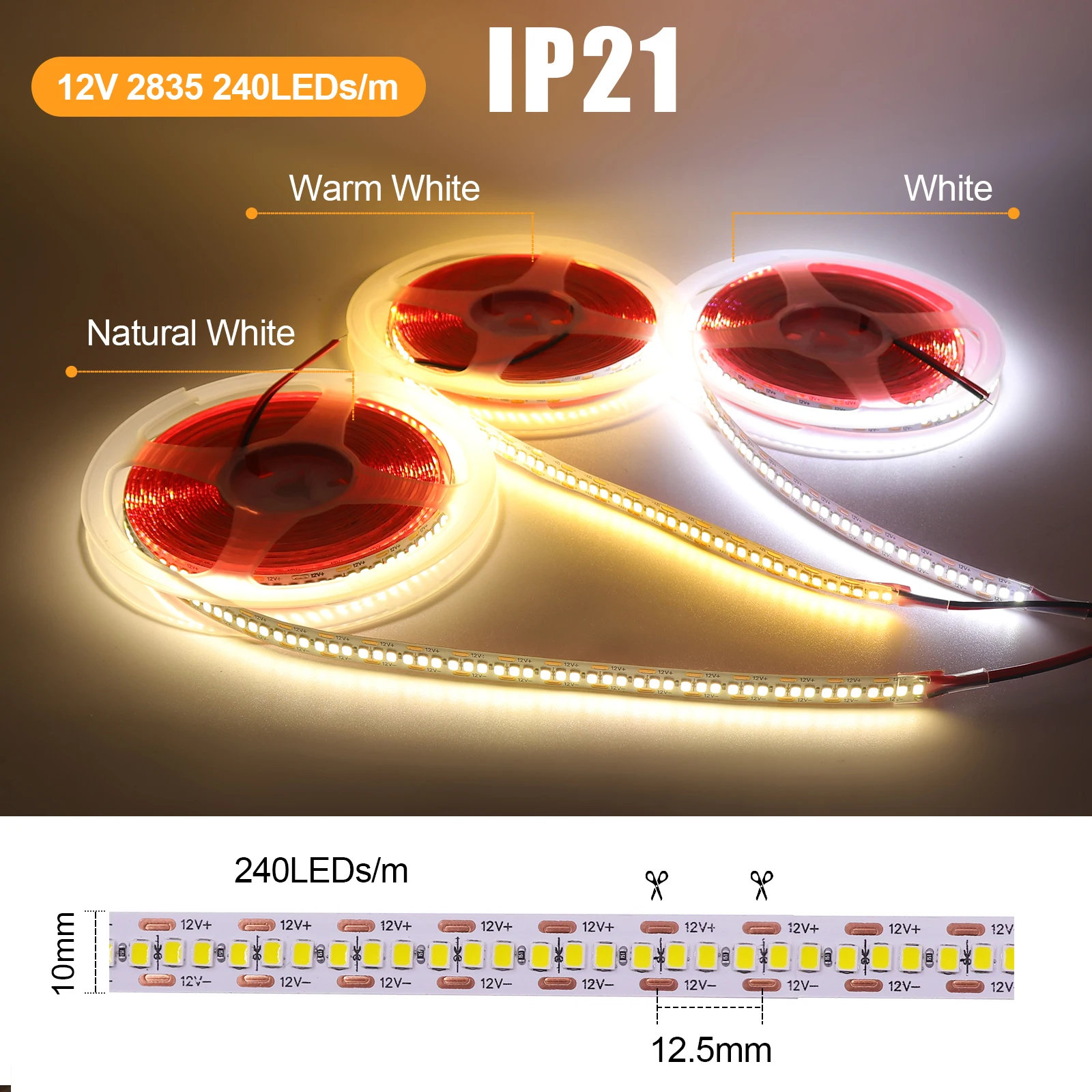 Impermeável LED Strip Light para Home Decor, fita flexível, luz de fita, branco quente e natural, DC 12V, 24V, IP67, IP65, IP21, SMD 2835, 240Leds, M