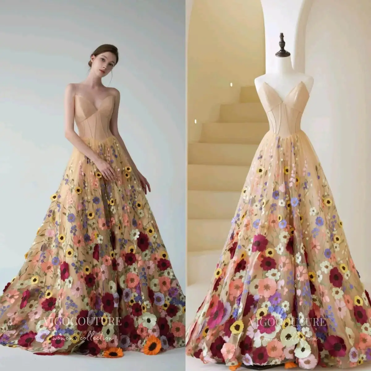 personalizado 14822 # Vestido de noche acampanado champán de hadas, vestido de fiesta de flores 3D, vestido de graduación para quinceañeras con bordado, vestido de cumpleaños de talla grande