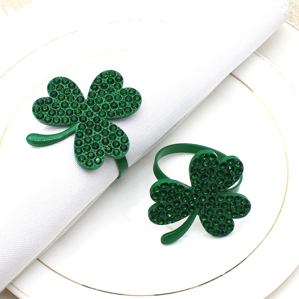 Metal Clover Shamrock Napkin Ring with Rhinestone Green Napkin Buckle  For St. Patrick's Day Wedding Party Table Decor 2022 New