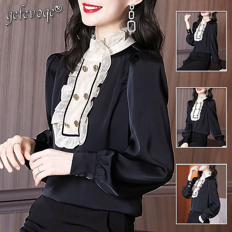 Vintage Office Lady Ruffles Shirring Bright Silk Solid Shirt Spring 2022 Ruffled Neck Long Shirt Sleeve Slim Top Womens Clothing