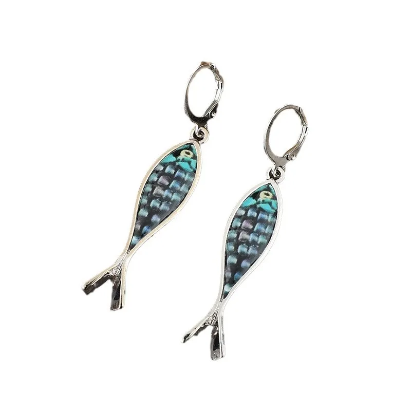 Vintage Personality  Silver Color Metal Carving Multicolour Fish Dangle Earrings for Women Party Ethnic Jewelry