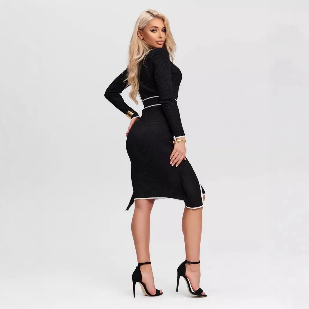 Vestidos femininos vestido mangas outono tweed penas plissado snap-botão faixas cabido com fita retalhos elegante academia diariamente