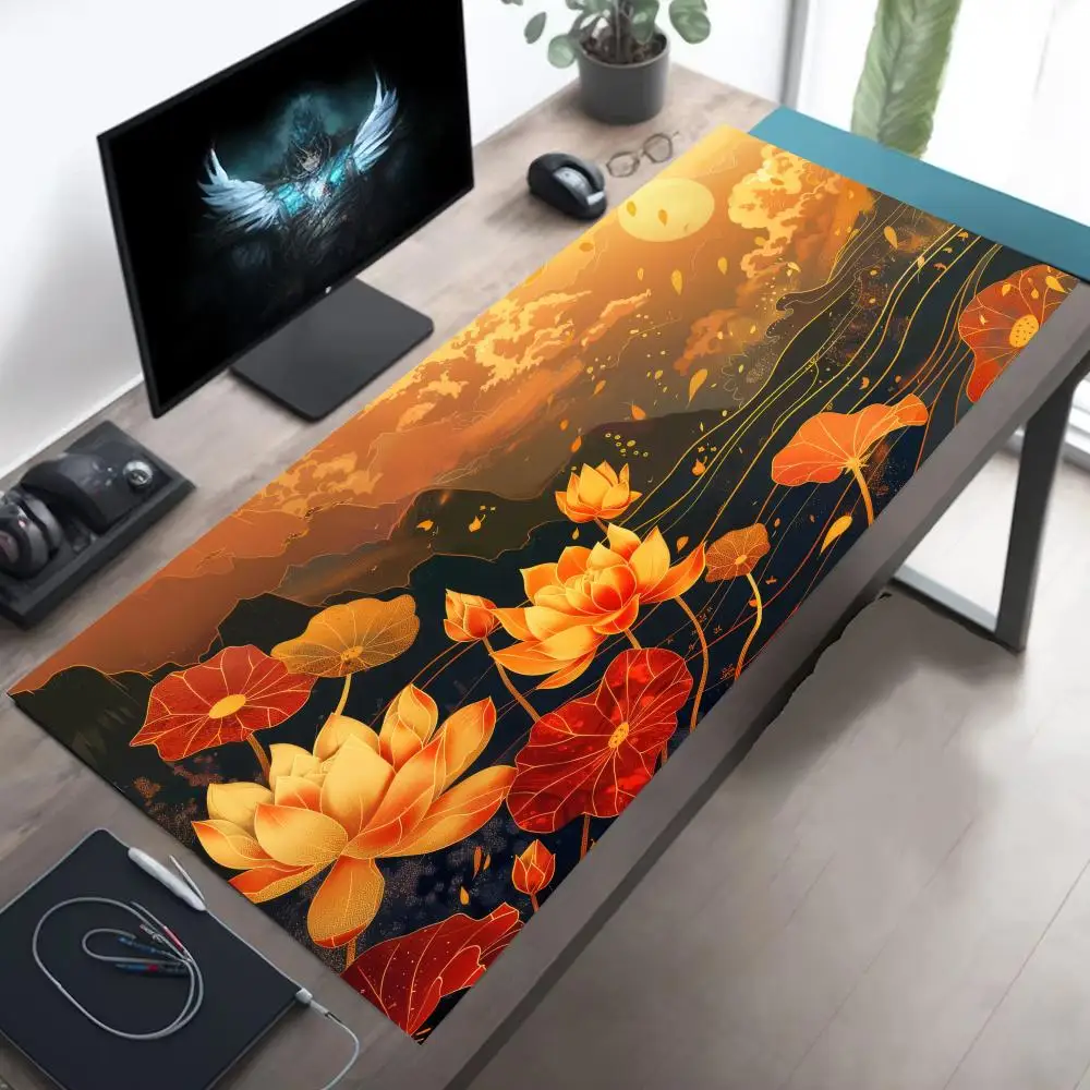 

Lotus Art Mouse Pad Large Computer Office Game Table Mat XXL Rubber Anti-slip Stitched Edges PC Keyboard Mats Washable Desk Pads