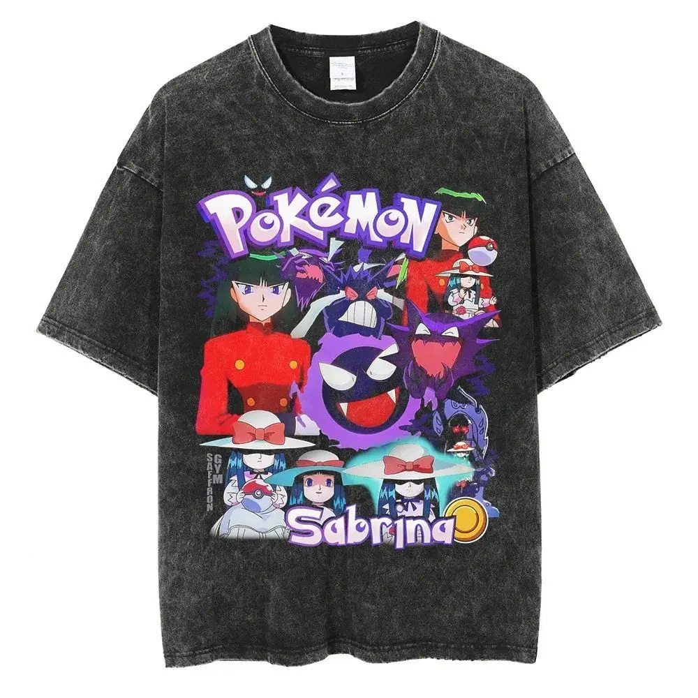 

Футболка мужская винтажная Pokemon Gengar Ghost Acid Wash, летняя, 2026, с аниме-графикой, хлопковая, с коротким рукавом, уличный стиль