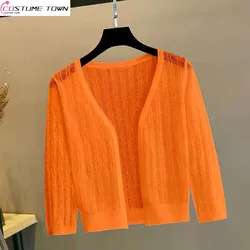 2024 Summer Shawl Ultra Thin Cardigan Short Knitted Shirt Hollow Ice Silk Women's Sunscreen Clothing