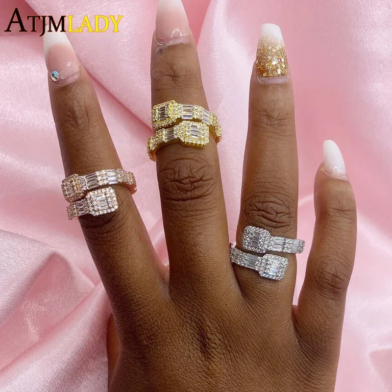 2025 New Fashion Open Size Adjustable Rings Bling Cubic Zircon 5A CZ Luxury Fashion Hip Hop Iced Out Punk Pap Jewelry Gift