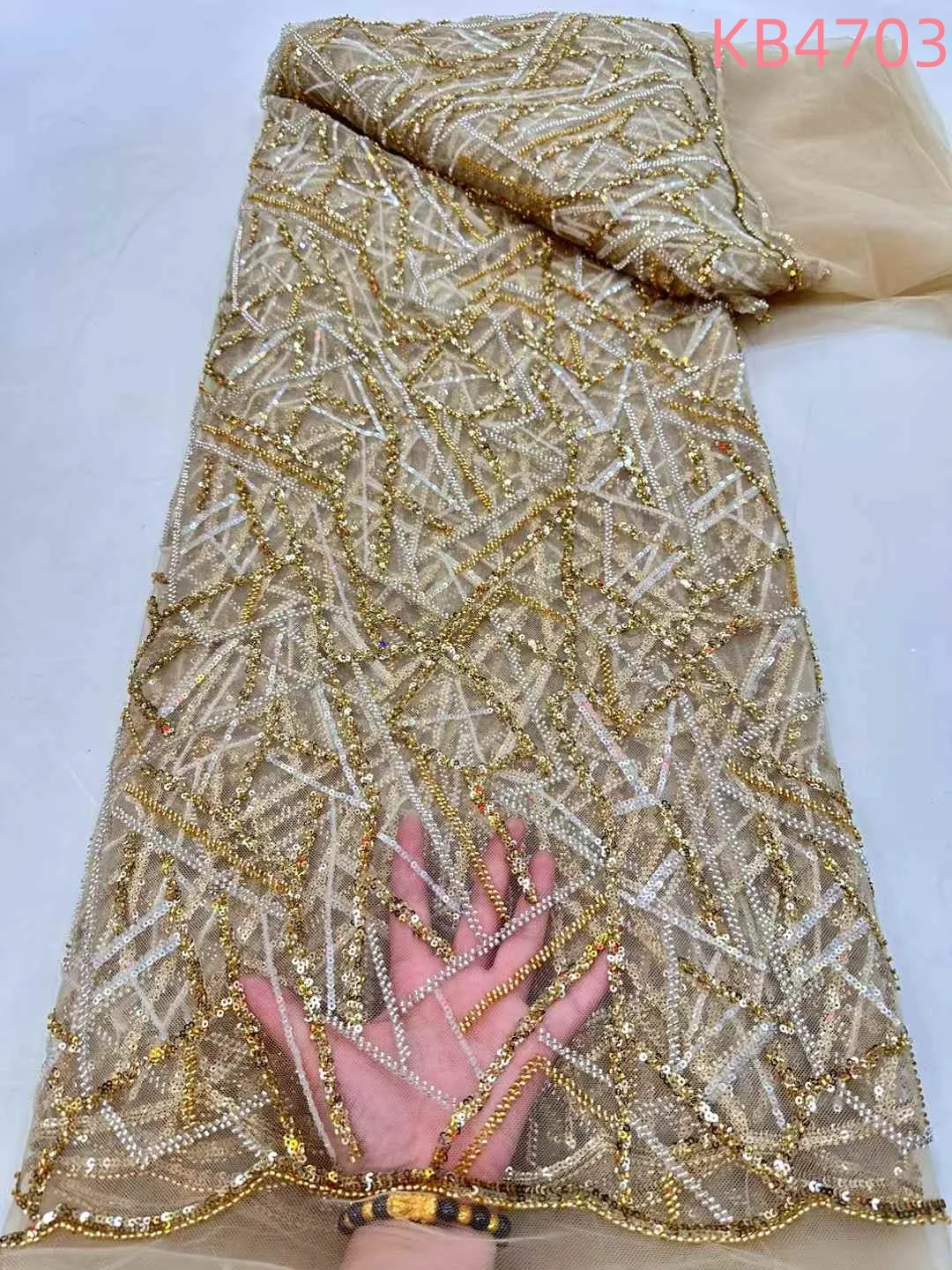 

Gold African Heavy Beaded Lace Fabric High Quality 5 Yards Nigerian Sequins Groom Lace Fabric With Sequins For Sewing KB4703
