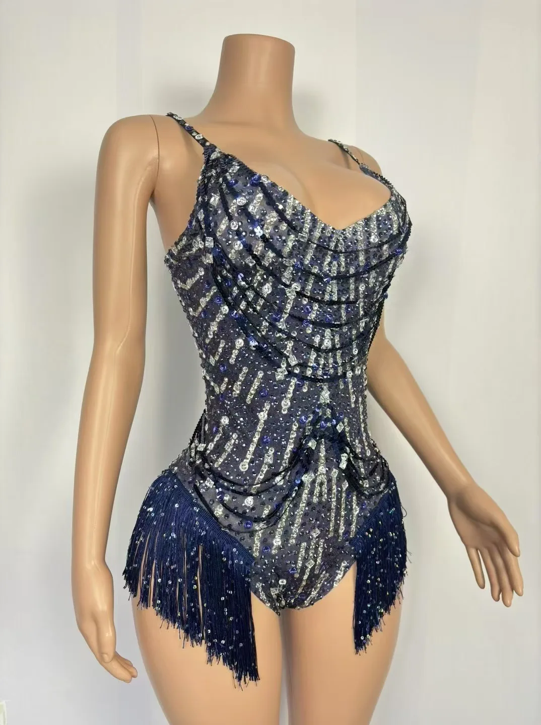 Sparkly Rhinestones Tassel Sexy Bodysuit Women Birthday Party Bar Dj Singer Dancer Costume Stage Performance Photoshoot Leotard