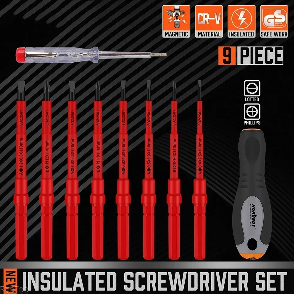 

9-Piece Insulated Screwdriver Set CR-V Material Insulated Prevent Bending Wear-Resistant Handle Multifunctional Electrician Tool
