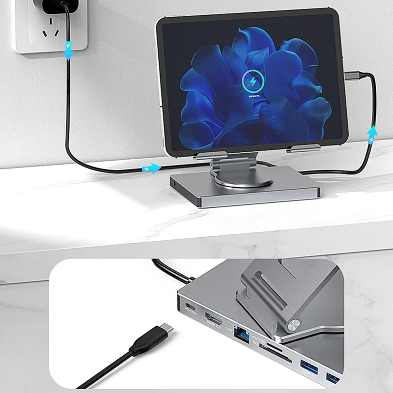 9 In 1 USB C Hub With 360° Rotating Stand -Compatible 4K60hz PD 100W USB 5Gbps SD TF Aux 3.5Mm For Ipad Pro Tablet