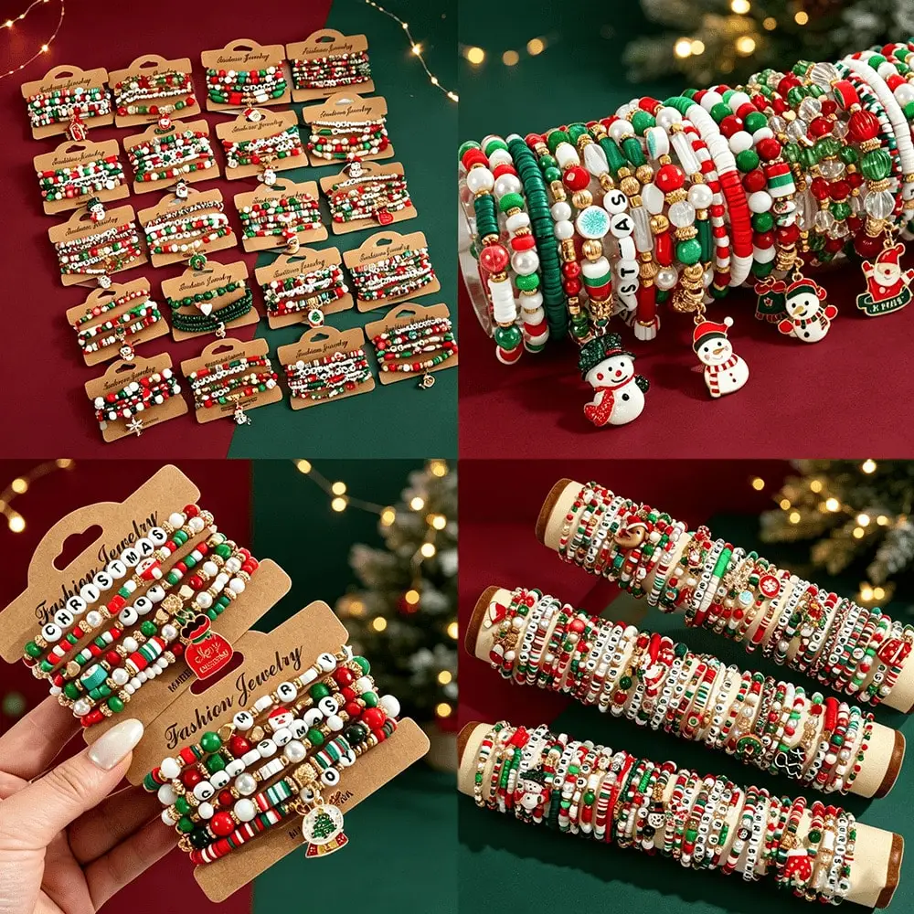 9/19/39pcs Merry Christmas Elastic Bracelet Set, Santa Claus, Reindeer, Snowman Charms Bracelets, Festive Decorations, Xmas Winter Seasonal Jewelry