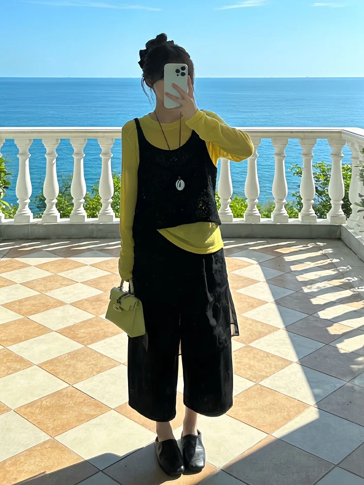 

Early Spring New Style Yellow Top Black Vest Casual Pants Three Piece Set plus Size Comfortable Fashion Women's Ensemble
