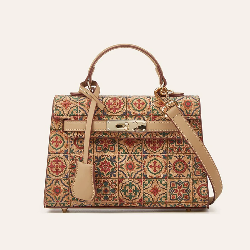 

Сумки через плечо в стиле ретро из пробковой кожи с принтом национальных цветов, трапециевидная форма, легкая, портативная, с клапаном и застежкой, сумка на плечо