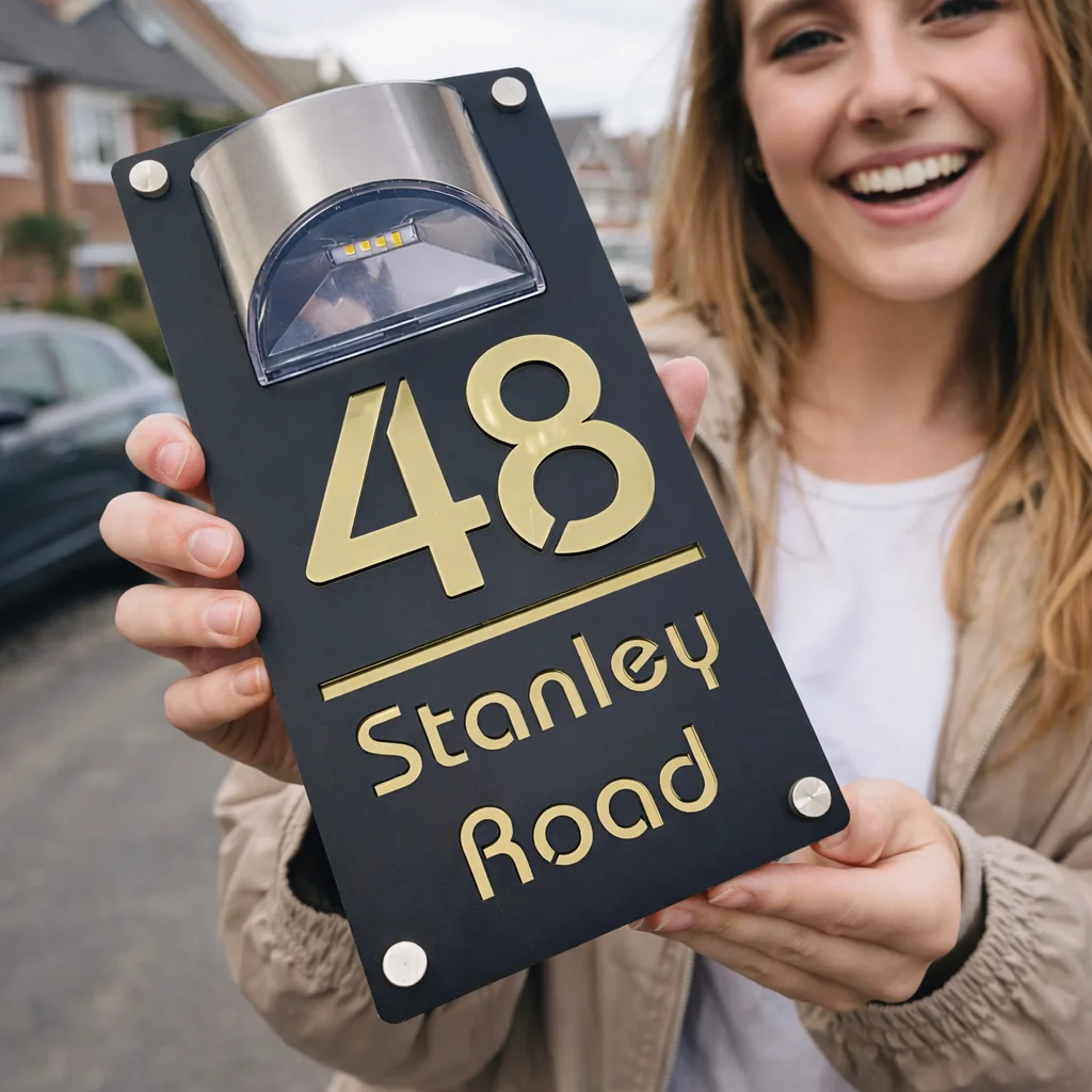 Enseigne de numéro de maison en acrylique LED personnalisée avec police moderne, Plaque d'adresse découpée au Laser personnalisée avec lumière à économie d'énergie pour une utilisation en extérieur