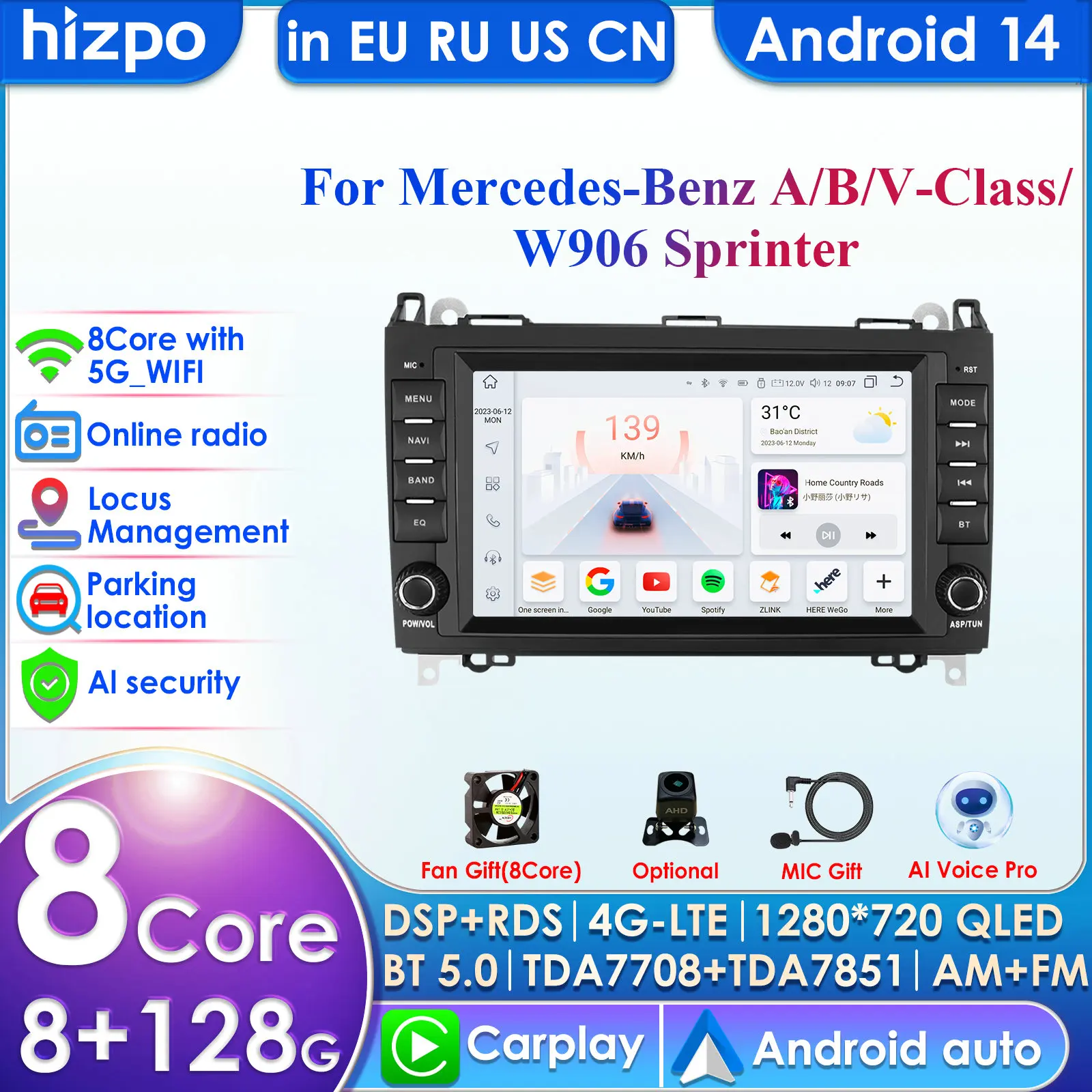DSP Carplay 4G-LTE 8 ''Android 14 Radio de coche reproductor Multimedia para Mercedes Benz W169 W245 B200 W906 Sprinter W639 Vito Autoradio