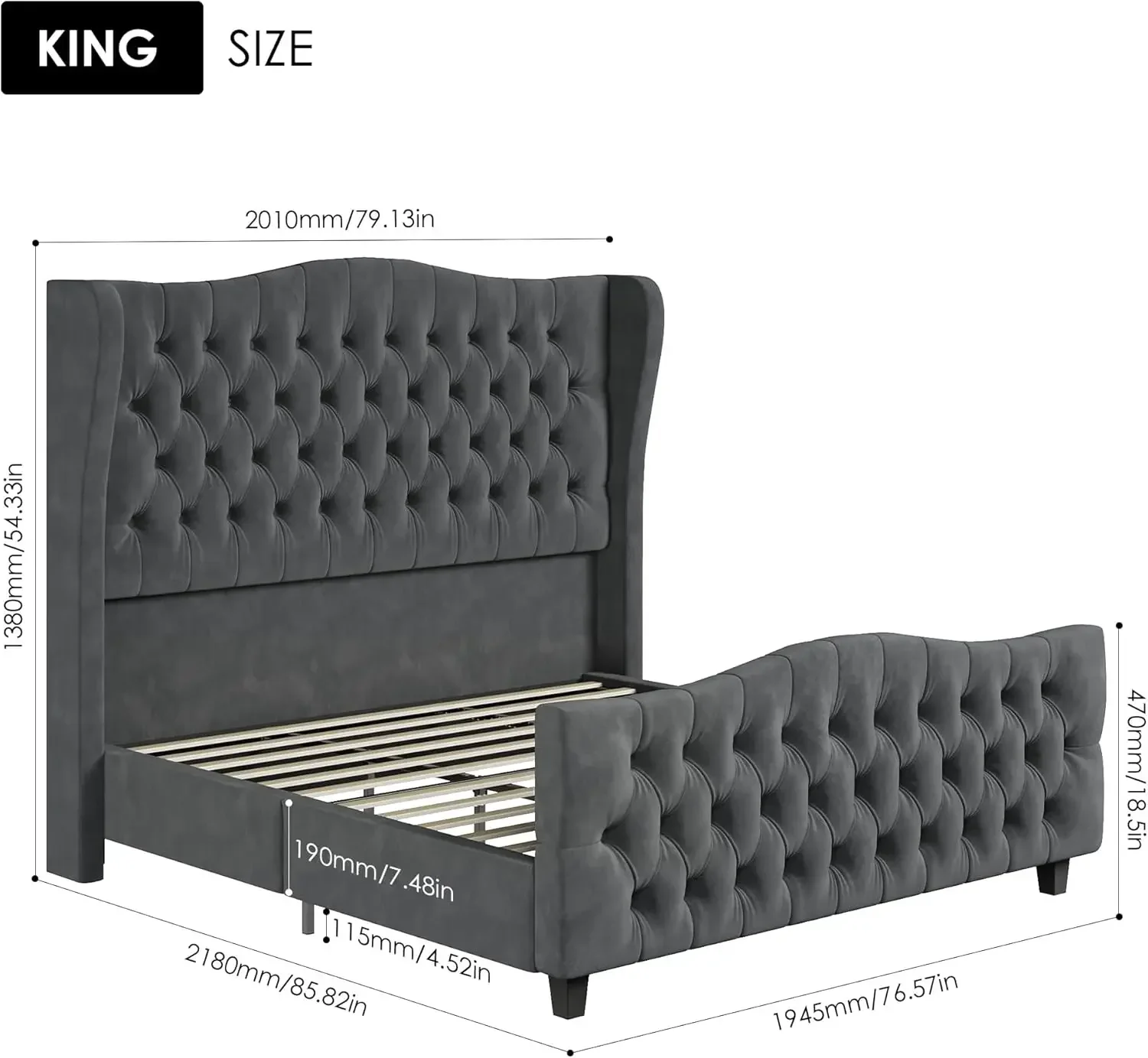 King Size 54.3” Tall Platform Bed Frame with Deep Button Tufted Wingback Headboard and Footboard, Velvet Upholstered Bed Frame