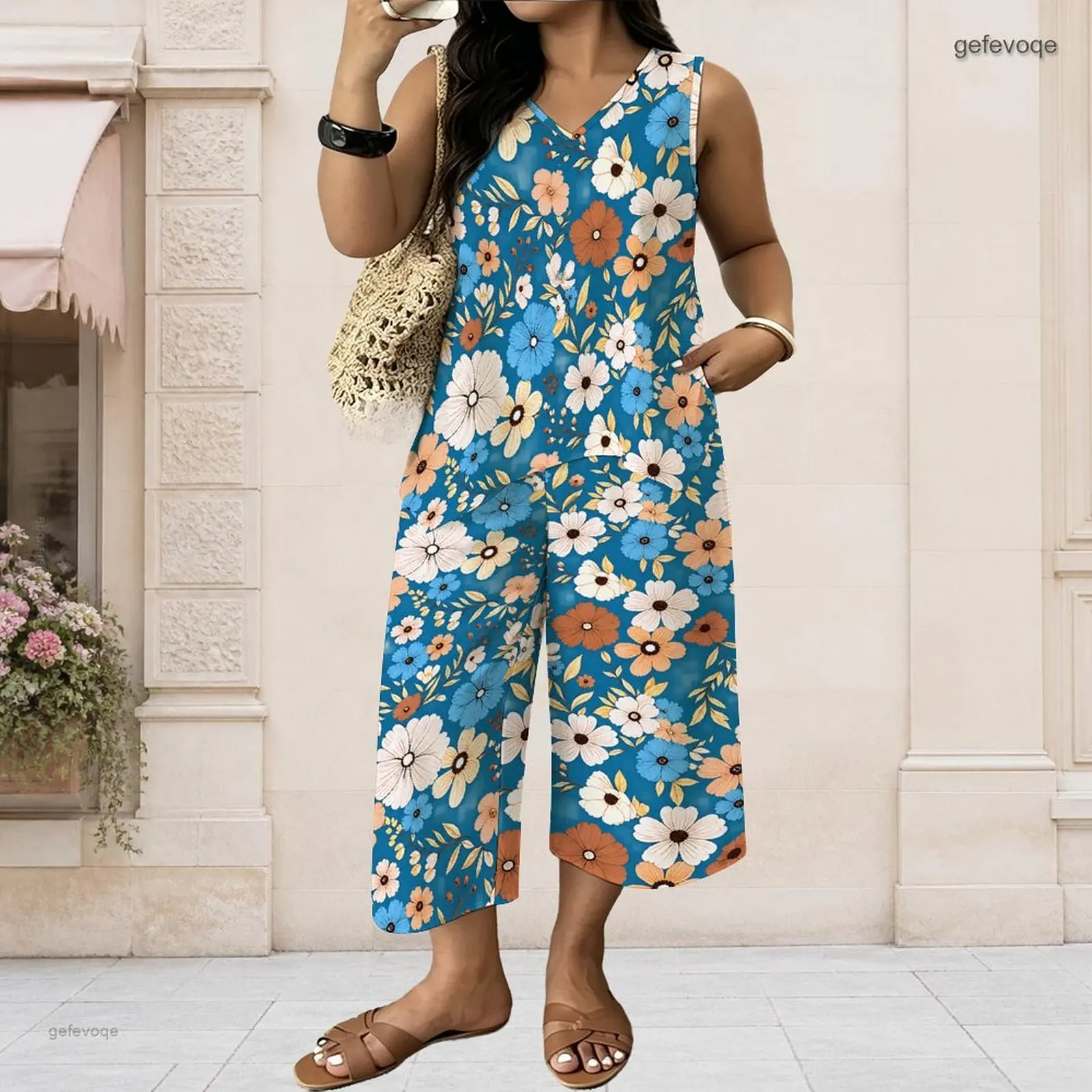 Women Sleeveless V Neck Blue Daisy Floral Printed Two Piece Wide Leg Cropped Pants Set
