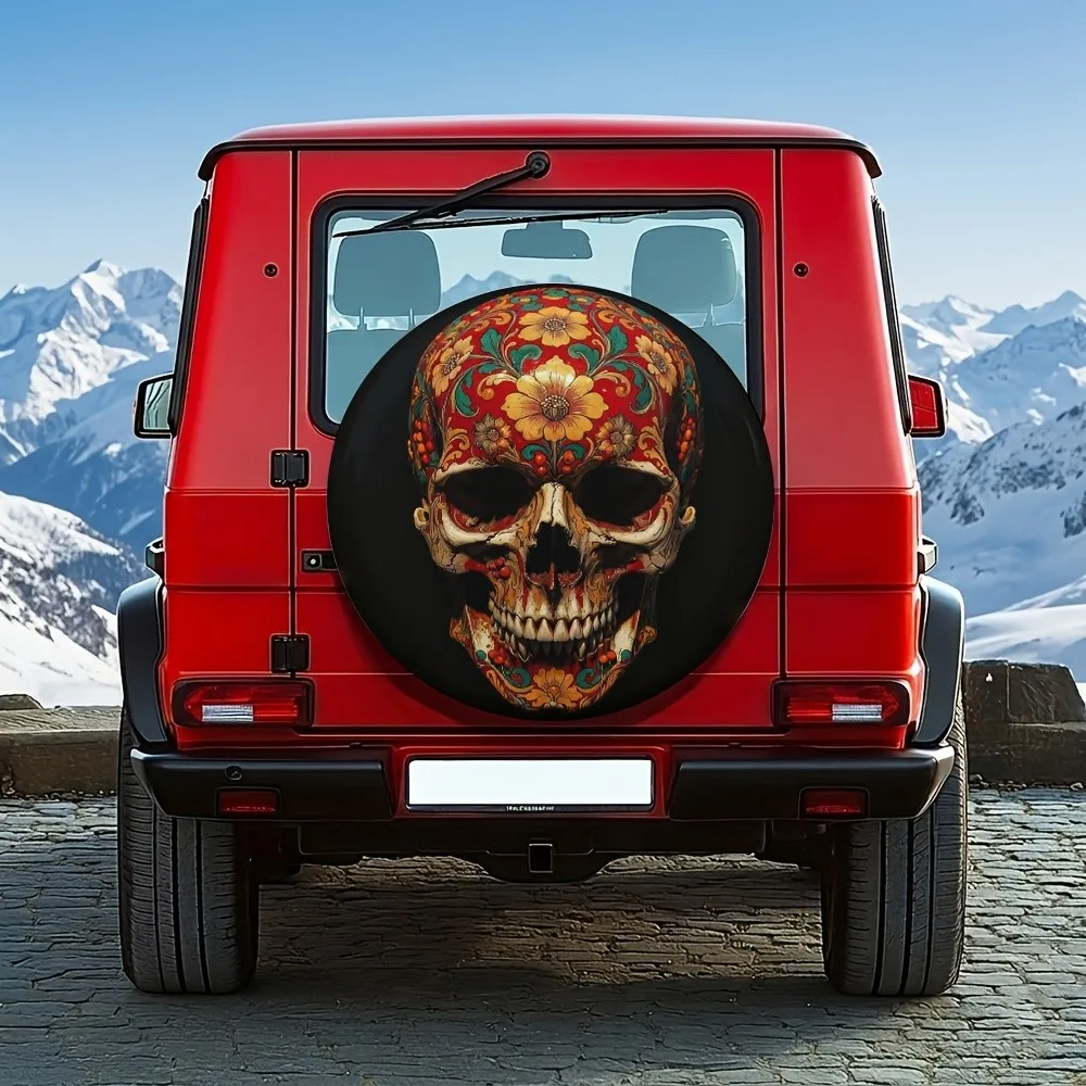 Gothic Floral Skull Spare Tire Cover Day of the Dead Calaveras Off-Road SUV Truck Accessory