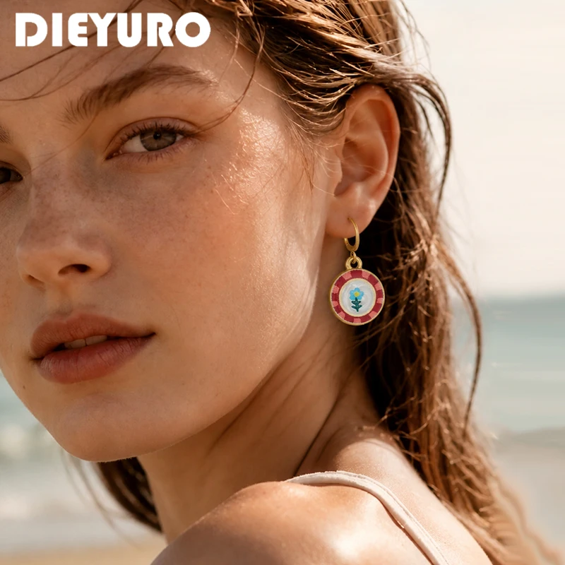 DIEYURO Stainless Steel Boho Retro Round Flower Hoop Earrings Red Checker Border Enamel Dangle Earrings Cute Floral Lady Jewelry