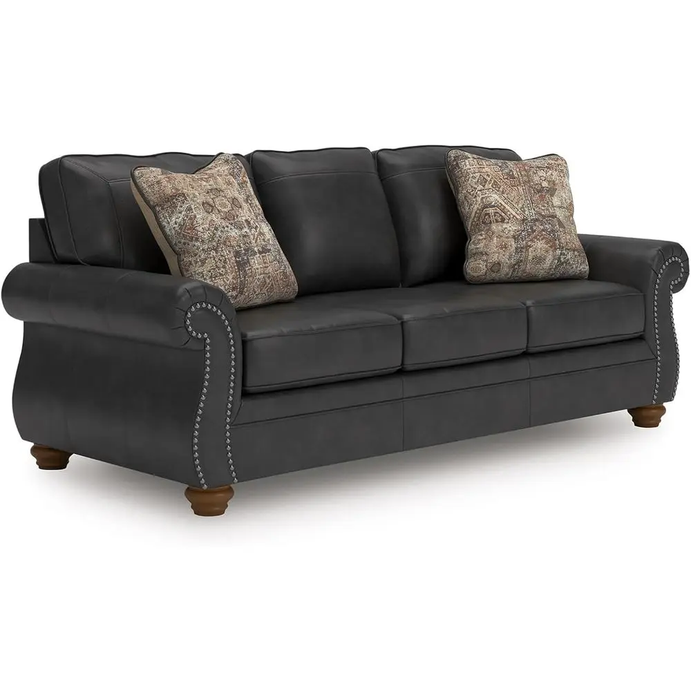 

Shadsburne Rustic Leather Sofa with Nailhead Trim and 2 Chenille Pillows, Black, Enhanced Stability