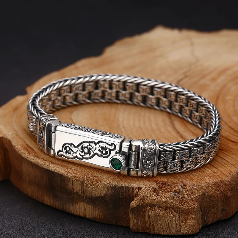 925 sterling silver woven Tang grass pattern bracelet pattern thick type men's trendy Thai silver retro distressed ornament