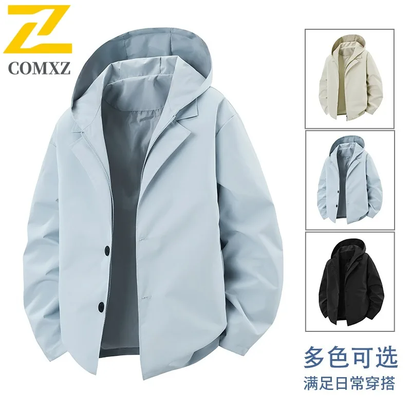 

COMXZ Men Overcoat Solid Color Hooded American Fishing Camping Loose Plus Size Cycling Coat Comfortable Travel Walking Jackets