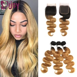 Mèches Body Wave brésiliennes naturelles Remy, ombré blond miel, avec closure 4x4, 3/4 mèches, IChain Y