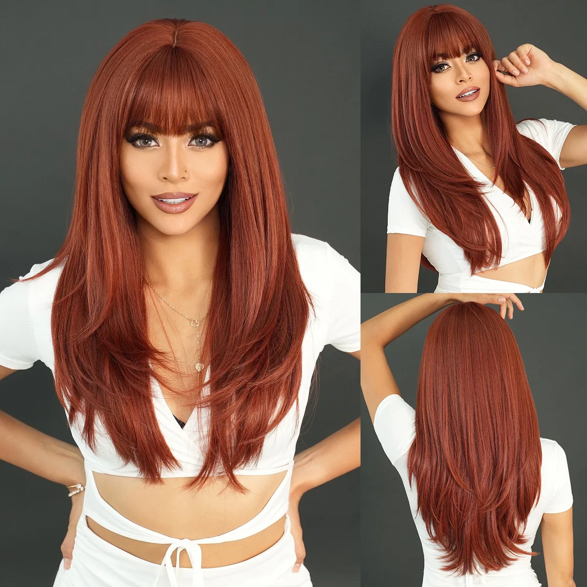 Orange Long Straight Hair Qi Bangs Top Dye Chemical Fiber High Level Wig Hood