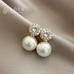 Girl‘s French Romantic Simple Inlaid Zircon Round Pearl Earrings 2025 New Fashion Jewelry Luxury Accessories for Women‘s Earstud