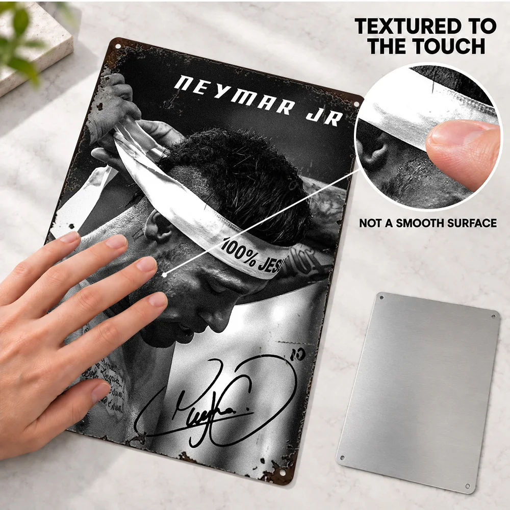 Neymar Footballer Textured Metal Poster Personalized Aluminum Sign Jesus Headband Monochrome Graphic Wall Art For Sports Lounge