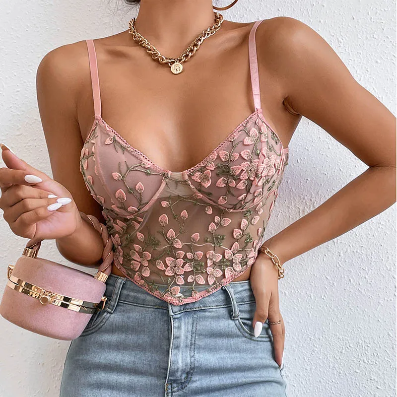 Flower Embroidery Camisole Women\'s Perspective Mesh Lace Bustier Corsets Top Party Chic Lady Straps Crop Top