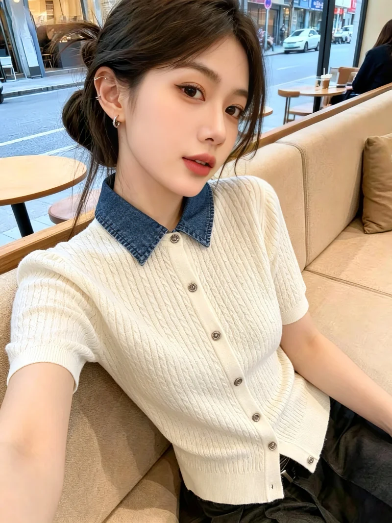 

Retro Denim Patchwork Neck Short Sleeve Knitted Sweater Women's Summer Style Versatile Top Self-Keeping Design Korean St...