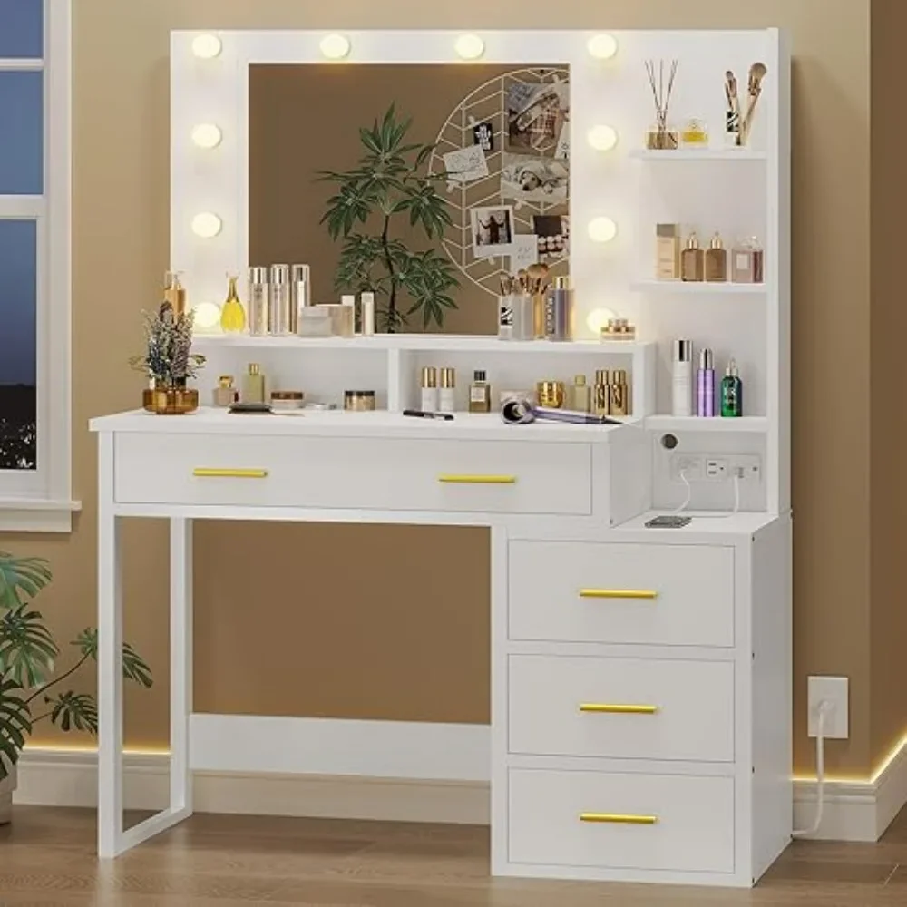 Vanity Desk with Charging Station, White Vanity Table with 10 Light Bulbs Mirror & 3 Lighting Modes, Makeup Desk with Drawers