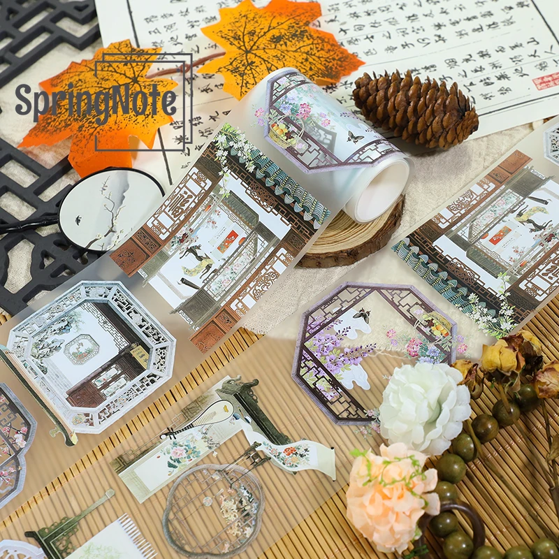 8cm*2m Vintage Chinese Window View PET Washi Masking Tape Decorative Stickers For Scrapbooking Journal Stationery 100cm Loop