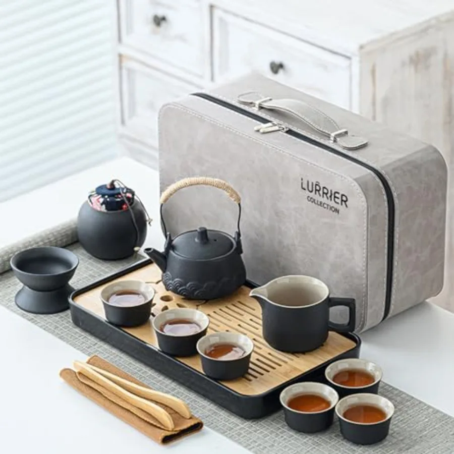 Juegos de té Gongfu LURRIER, juego de té portátil de cerámica, juegos de té asiáticos para adultos, juegos de regalo de té, estuche de cuero gris, bolsa de viaje portátil.