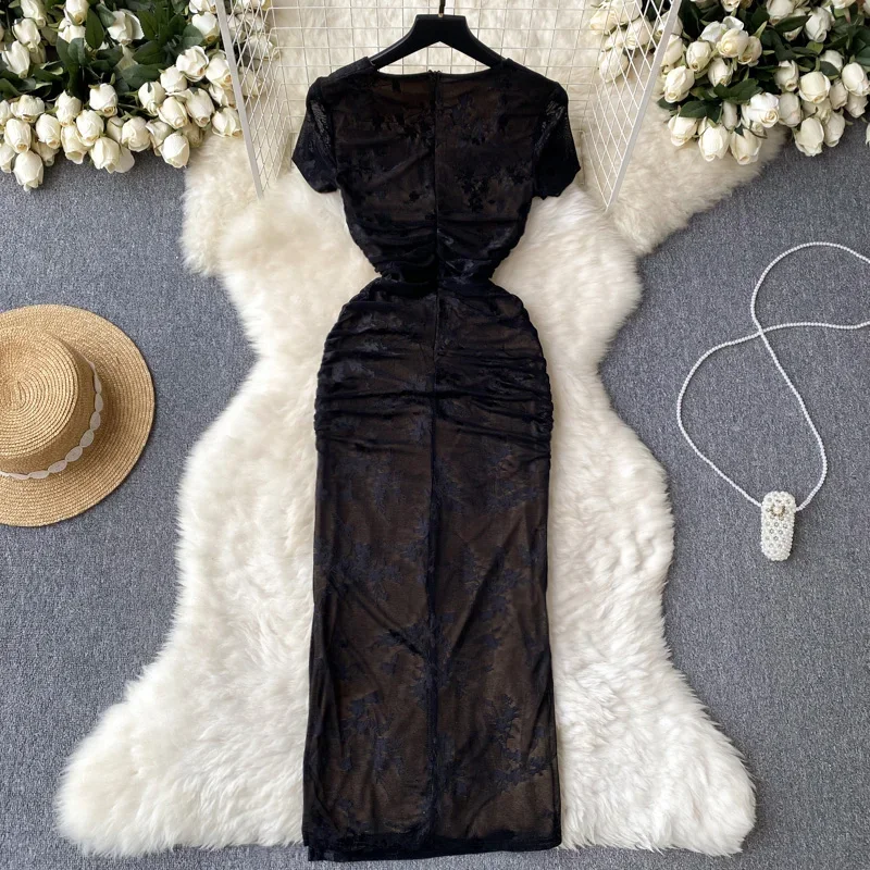 2024 New Elegant Party Dresses 2024 Floral Black Mesh Crochet Lace Vestido Split Casual Formal Pencil Dress