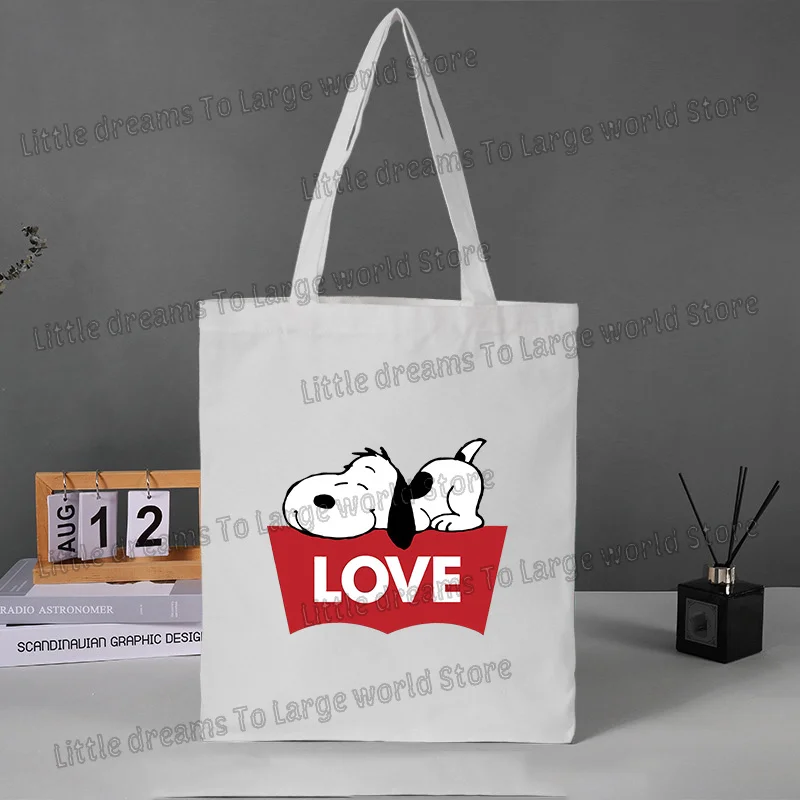 กระเป๋าผ้าแคนวาสลายสนูปปี้ พิมพ์ลายอนิเมะ ใช้ซ้ำได้ พับเก็บได้ กระเป๋าถือสำหรับผู้หญิง ซักได้ กระเป๋าใส่ของชำแบบพกพา เป็นมิตรกับสิ่งแวดล้อม