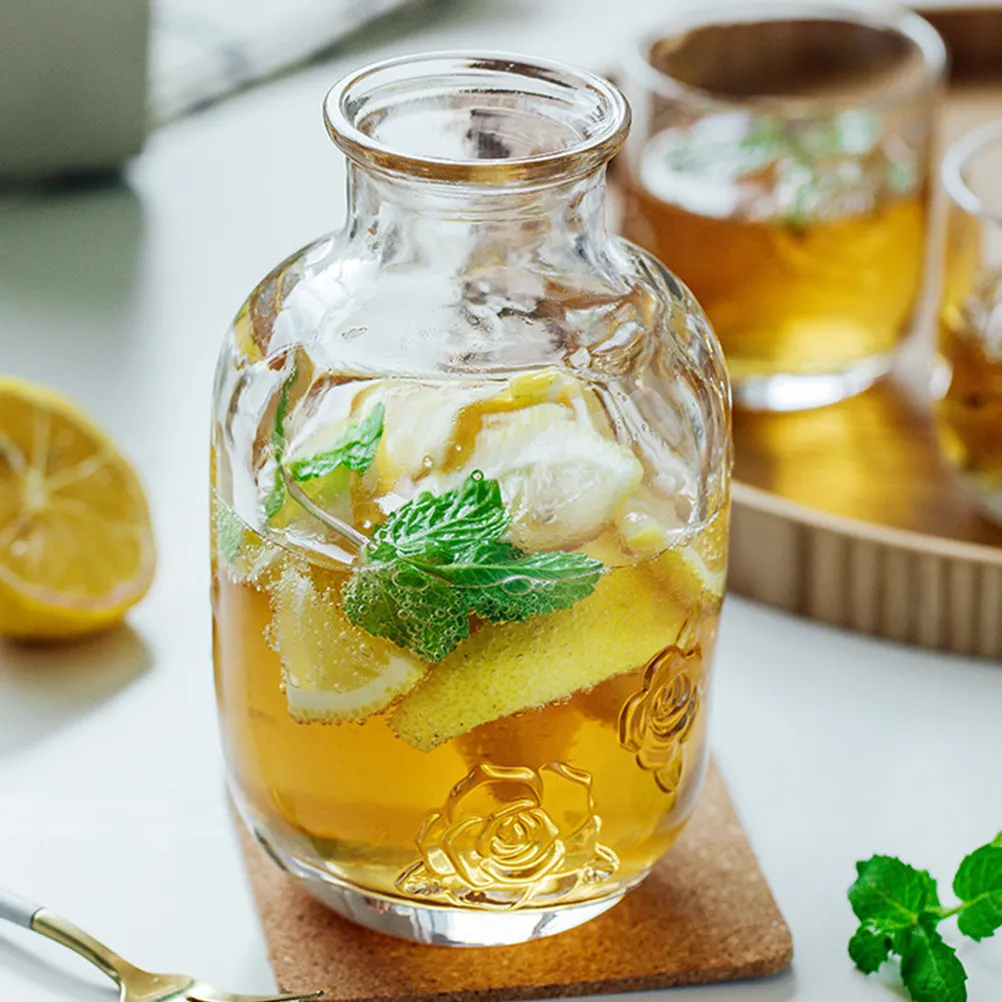 Ensemble théière et tasses en verre à motifs floraux en relief vintage, carafe à eau et jus de fruits froids peu encombrante, théière en verre pour la décoration intérieure