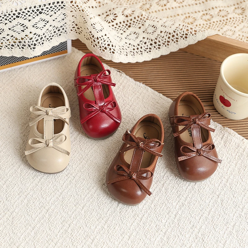 Children Leather Shoes for Party Wedding Fashion Girls Ballet Dress Shoes Soft Sole Kids Flats T-strap Shoe with Double Bow-knot
