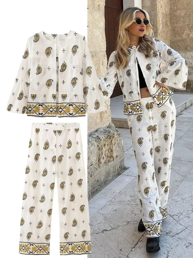 

HH Женская мода с вышивкой, рубашка, пальто, брюки, кардиган, пальто, топ + прямые широкие брюки, повседневный комплект одежды из 2 предметов