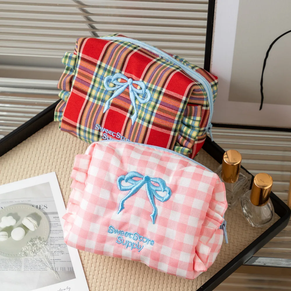 لطيف فتاة صغيرة الحلو نمط تكدرت ماكياج Trousse Maquillage مقسم حقيبة الحقيبة Kawaii حقيبة مستحضرات التجميل منقوشة القوس حقيبة مستحضرات تجميل #3