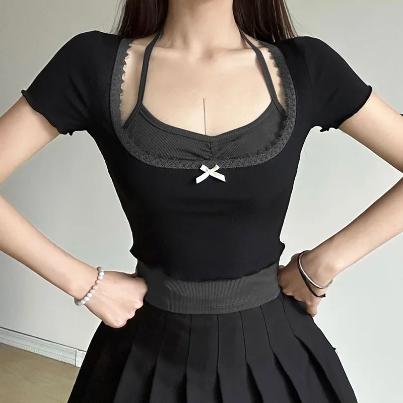 

Korean Style Bow Lace Stitching Contrast Patchwork Y2K Fake Two-piece Top Women's Summer Chic Cute Short Sleeve T-shirt