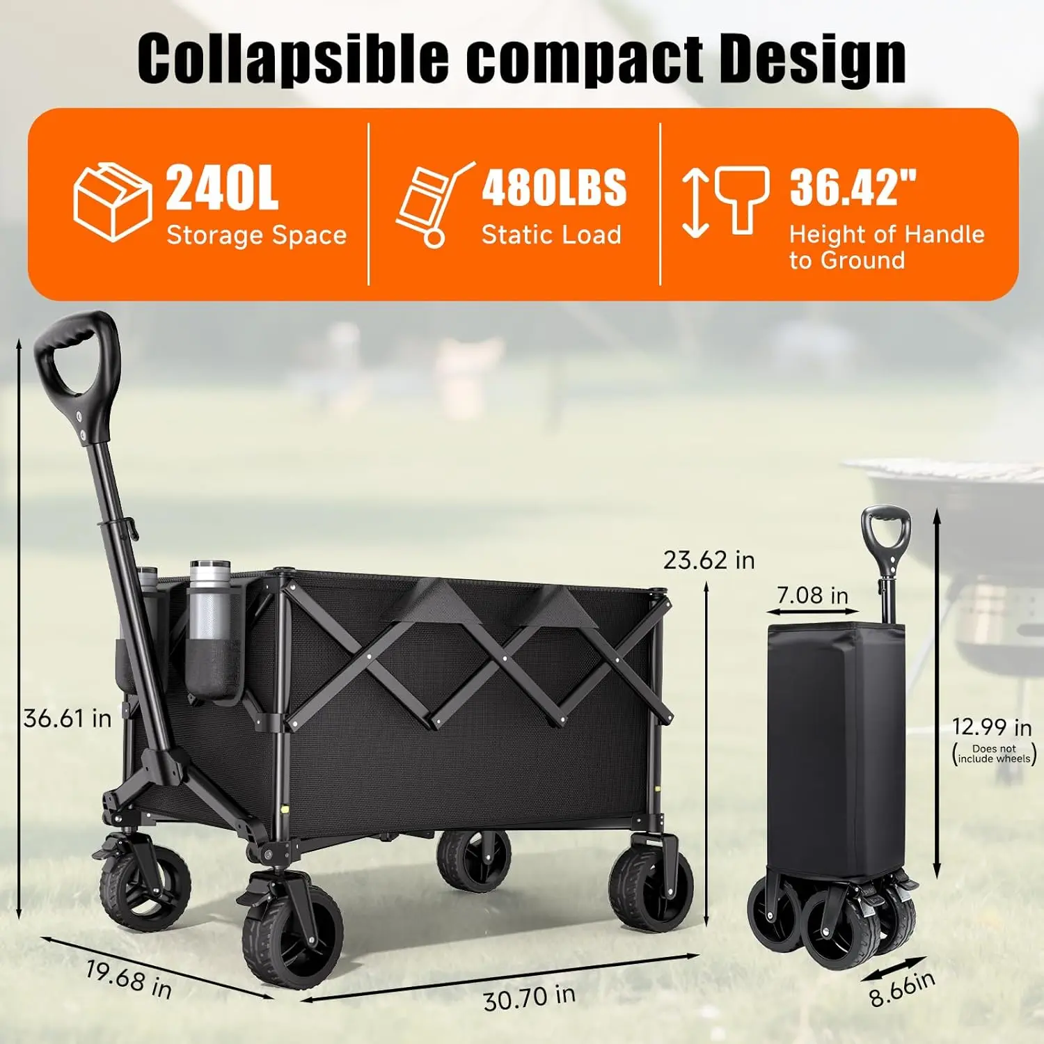 Collapsible Wagon Cart, 480lbs Heavy Duty Wagon with All-Terrain Wheels | Portable Utility Wagons Cart with Adjustable Handle for Beach, Camping, Garden, Grocery, Fishing, Sports & Outdoor