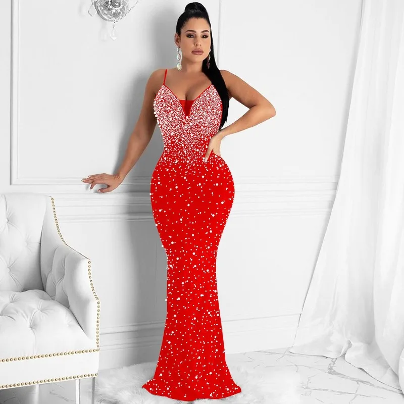 

Luxury Crystal Rhinestones Pearls Mermaid Maxi Dress Women Wedding Evening Backless Birthday Party Night Club Prom Long Dresses