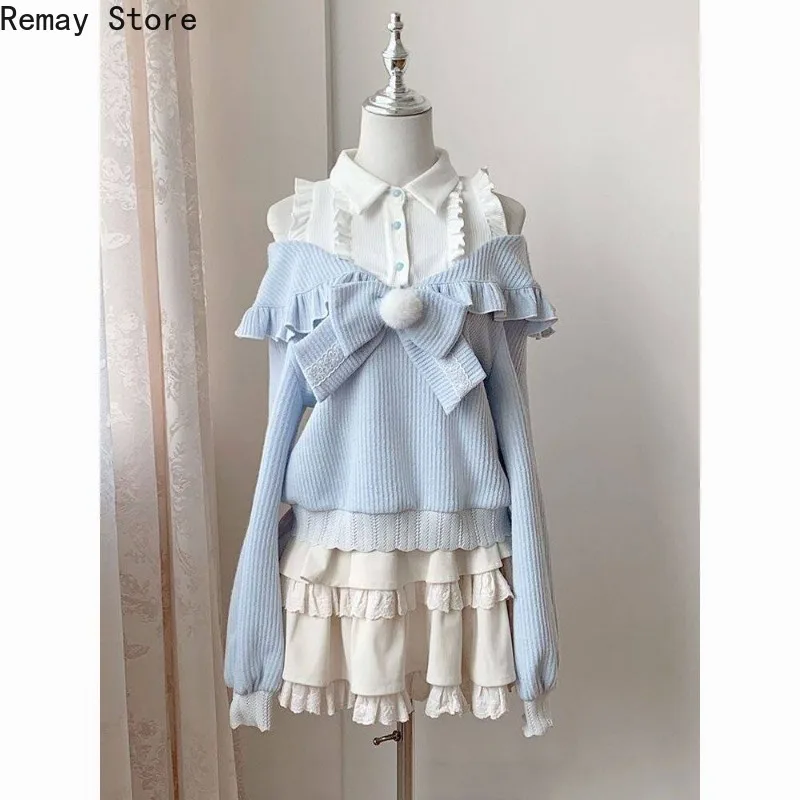 Korean Fashion Style Sexy Sweet 2 Piece Set Women Chic Bow Sweater Tops + Lace Mini Skirt Japanese Lolita Y2k Autumn Outfits New