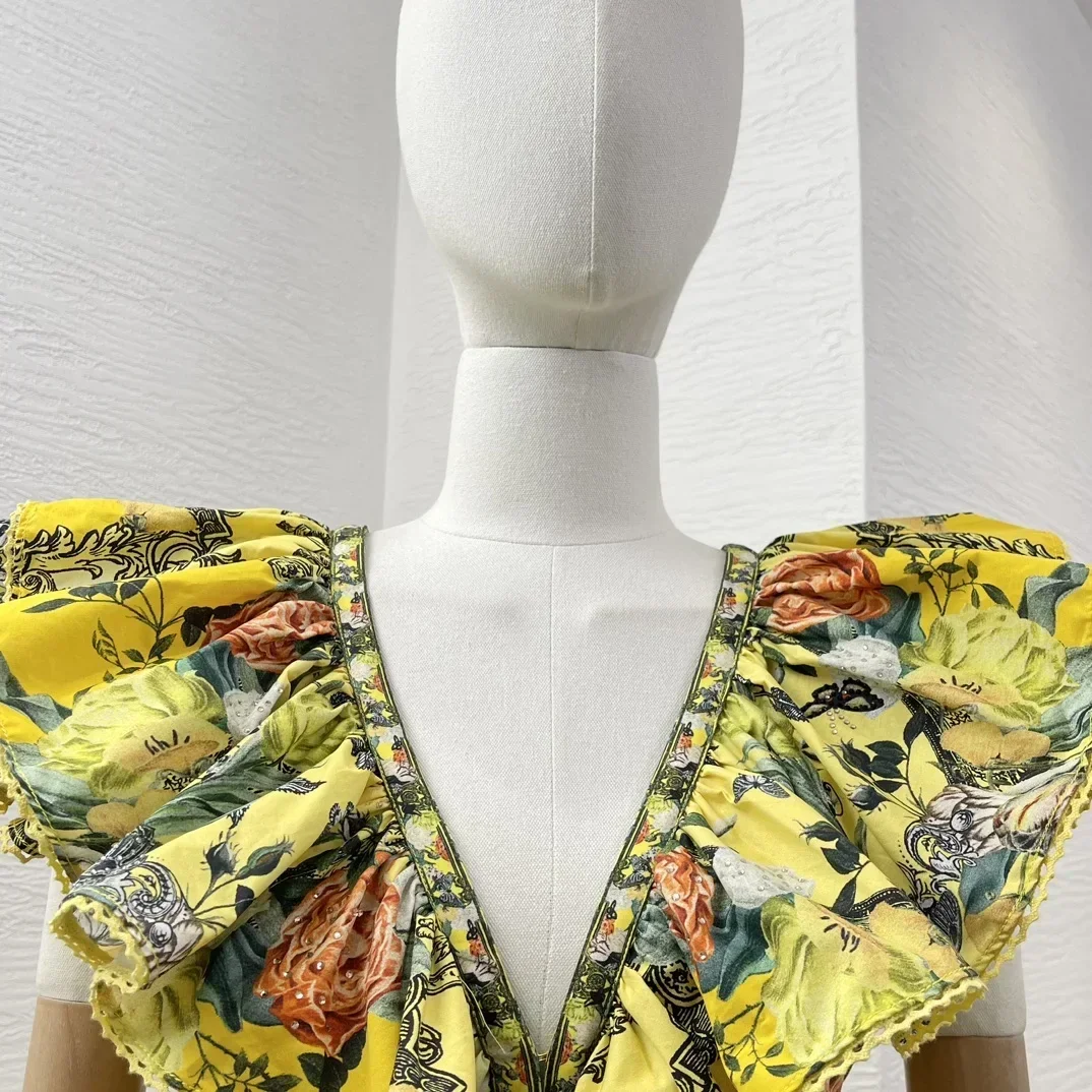 Mini robes à imprimé floral jaune pour femmes, sans manches, col en V, diamants, volants PMurcia, taille découpée, robes pour les vacances, nouveau, 2024